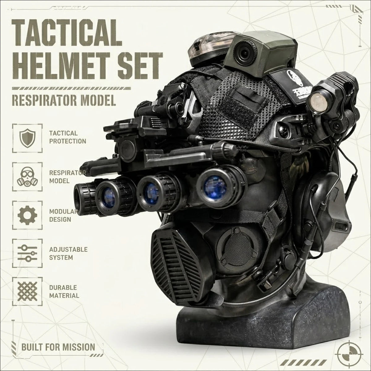 Tactical Helmet Set with (Respirator Night Vision Goggles Camera Model ) and Signal Light  Headset Airsoft Protective Helmet Kit