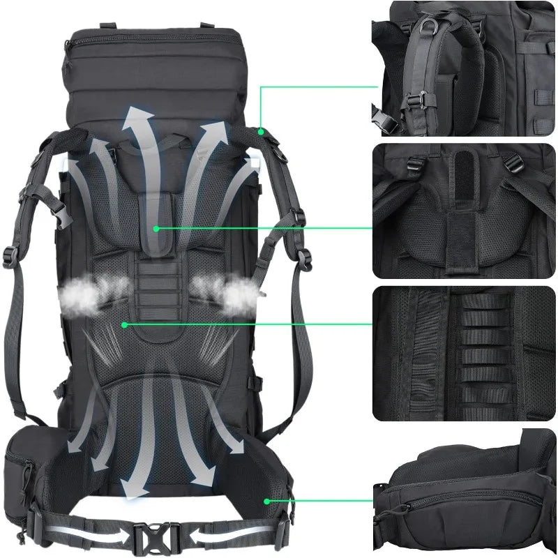 75L Mens Travel Backpack Military Tactical Mountaineering Backpacks Army Climbing Survival Backpack for Camping Hiking Trekking