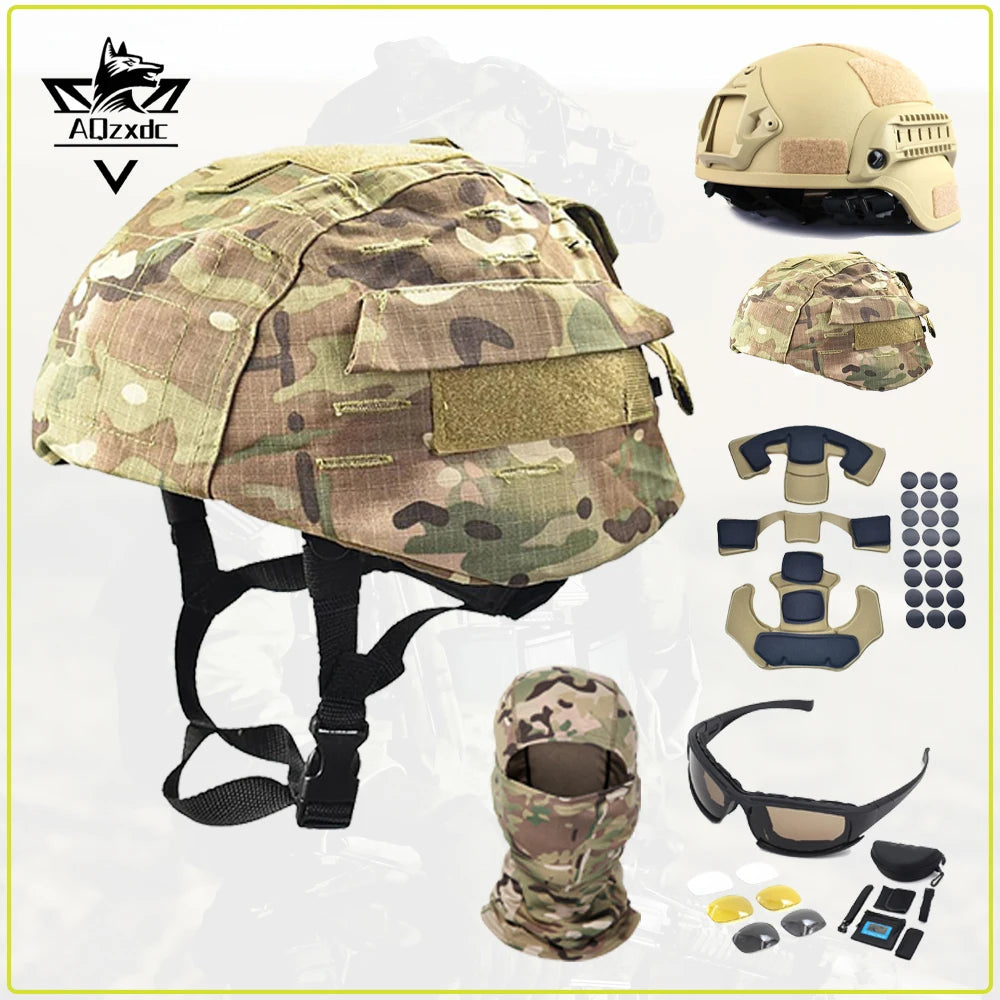 Tactical MICH Protective Helmet Set with Helmet Cloth Glasses Airsoft Outdoor Hunting Paintball Shooting Helmet Accessies