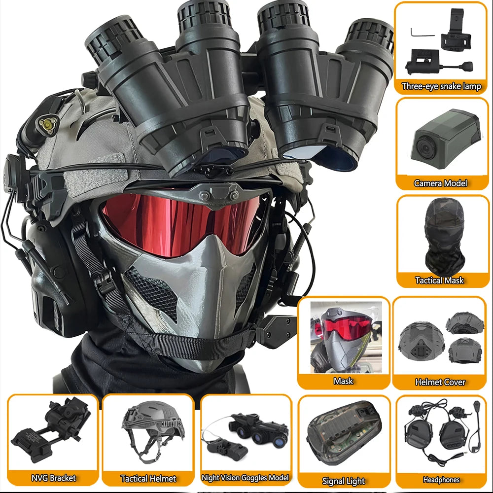Tactical Helmet Set 9-in-1 Airsoft Full Face Protection Helmet Set with Mask Headphones NVG Dummy Model Mask for CS Cosplay Game