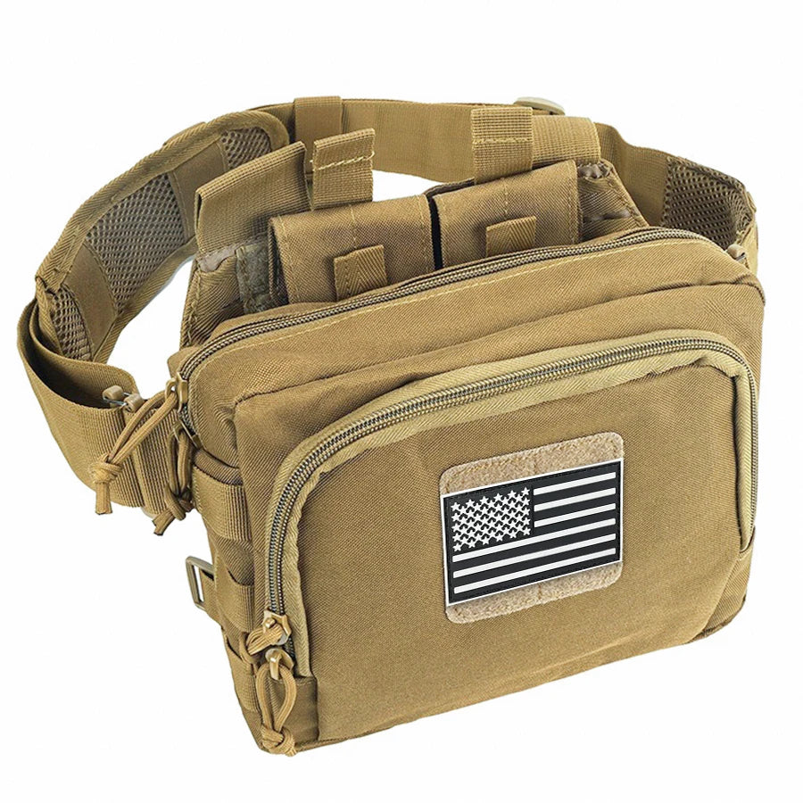 Cycling hiking bag, field camping portable bag, double zipper multi compartment MOLLE webbing system, hidden expandable mesh bag