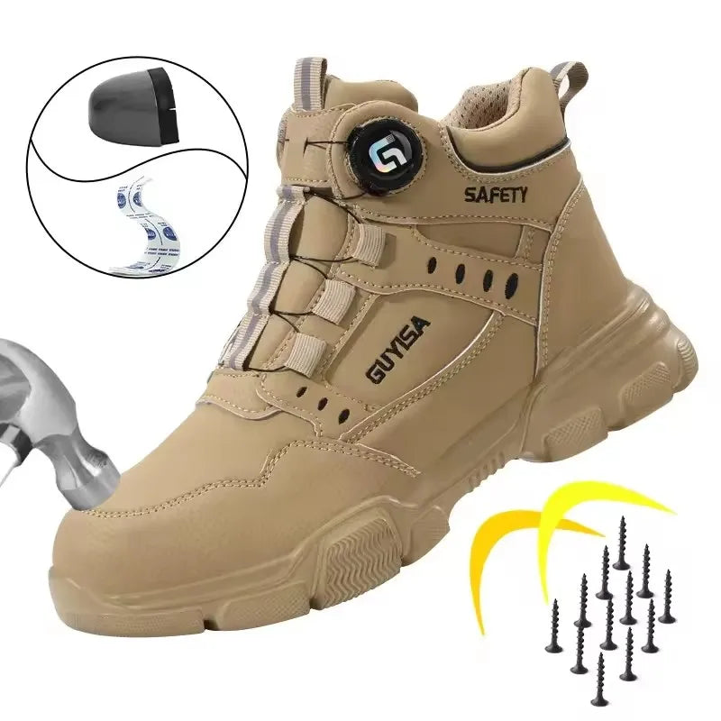 Men Rotary Button Safety Work Shoes Anti Smash Anti Puncture Steel Toe Indestructible Labor Protection Boots