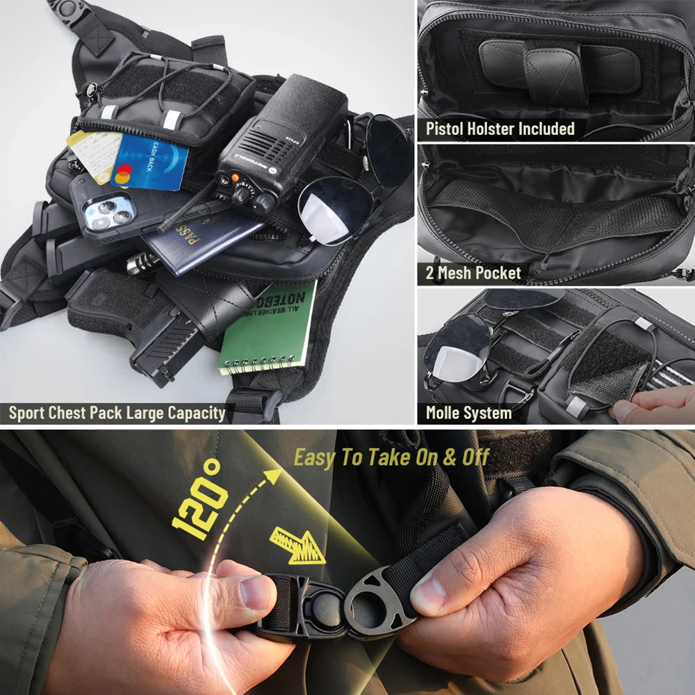 Molle Chest Rig Bag with Gun Holster Pistol EDC Chest Pack Concealed Carry Tactical Chest Holster for Running Hunting Vest Bag