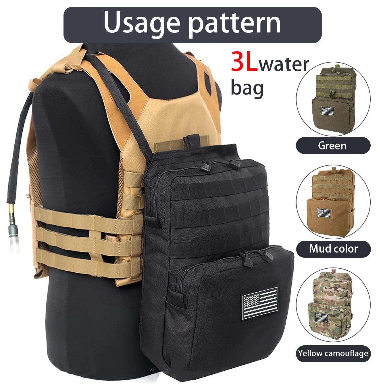 3L accessory water bag backpack Molle expansion system hiking, camping, cycling, outdoor accessory bag