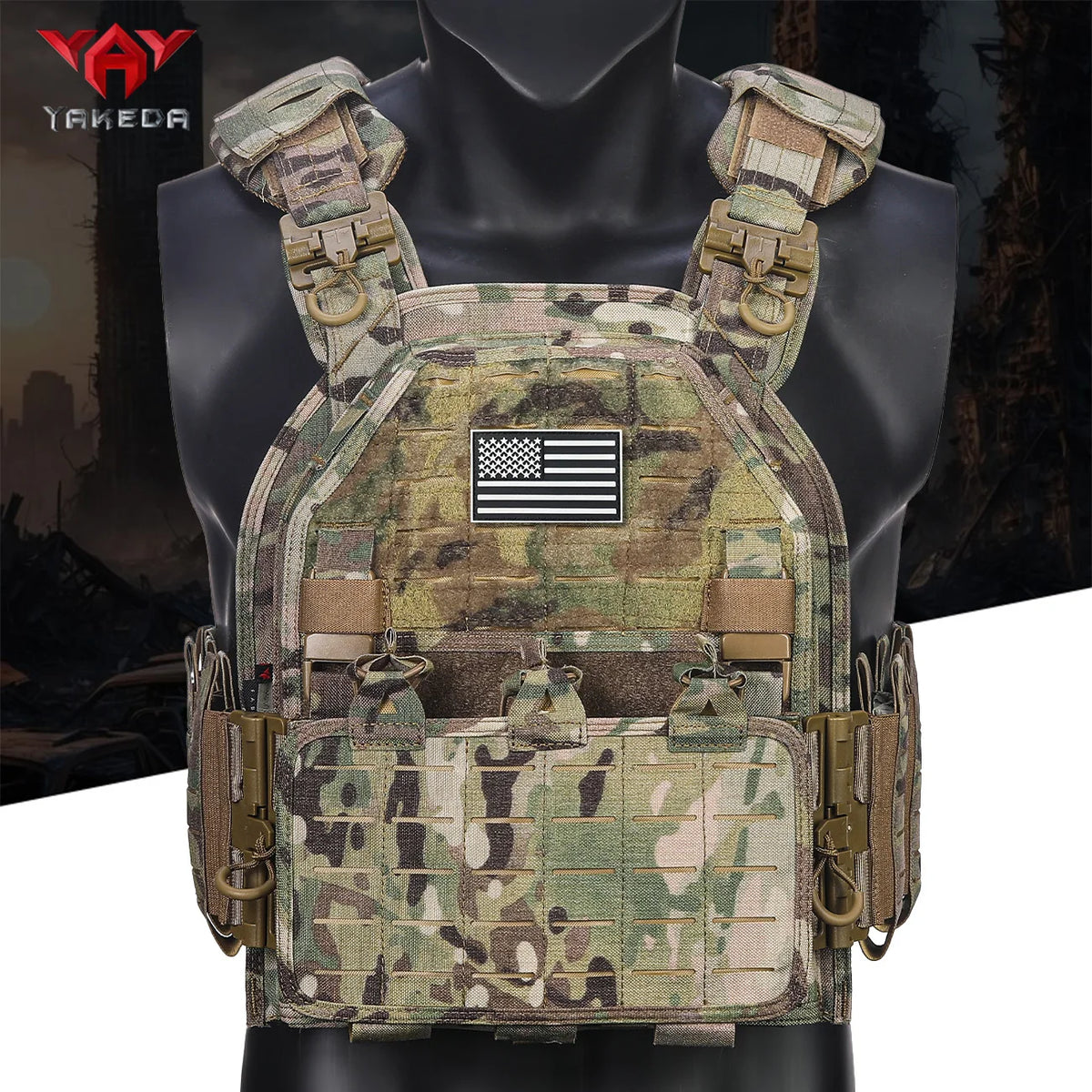 YAKEDA (with American flag) MOLLE training vest outdoor training vest 1000D waterproof and wear-resistant