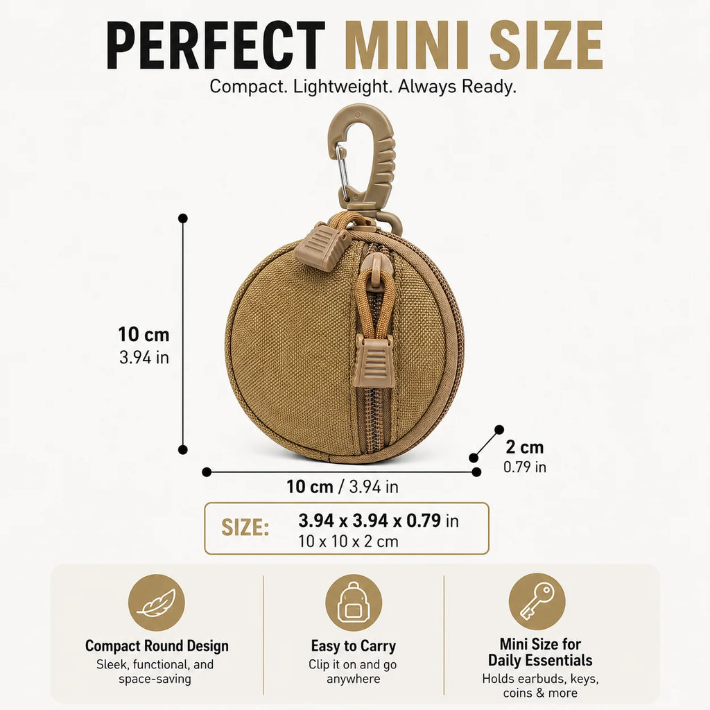 1000D Tactical Mini Round  Pouch Zipper Utility Bag with Carabiner Clip for Earbuds Keys Coins Outdoor Camping Gear Tool