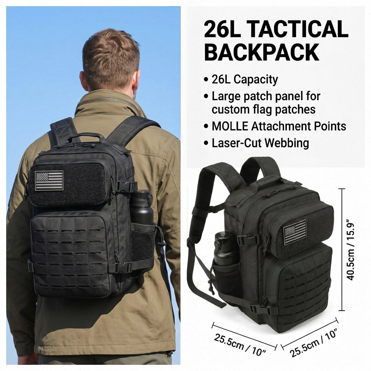 26L Tactical Hunting Backpack for Men with Dual Cup Holders, MOLLE Outdoor Hiking Rucksack for Deer Bow Archery Elk Duck Waterfowl Hunting, Camping Travel Gear Storage Bag