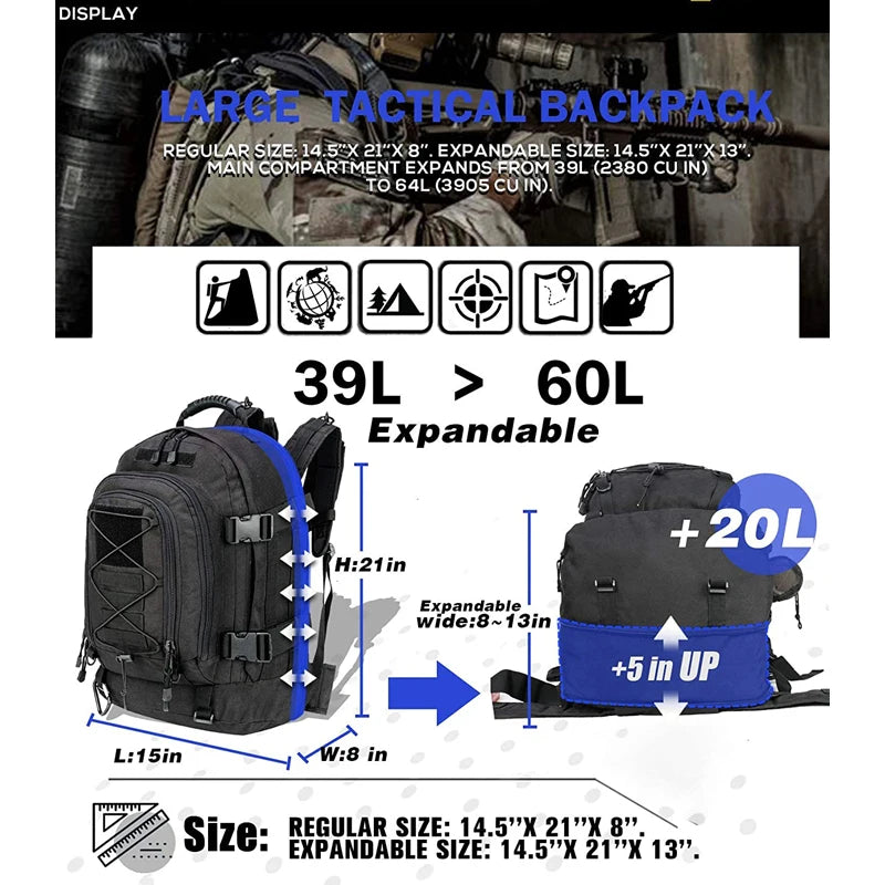 65L Military Backpack for Men, Molle Tactical Rucksack, Waterproof Hiking Bag, Outdoor Survival Gear & Camping Equipment
