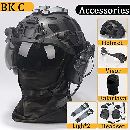 Tactical Helmet Set Fast Protective Equipment with Visor Headset Signal Lamp Balaclava for Outdoor Airsoft Paintball Shooting
