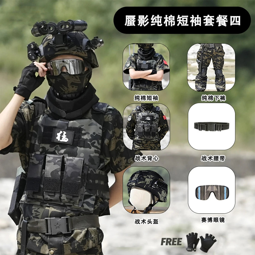 Kid's Camouflage Set with Tactical Helmet Gear Accessories for Airgun Paintball Shooting Special Forces Children's Training Suit