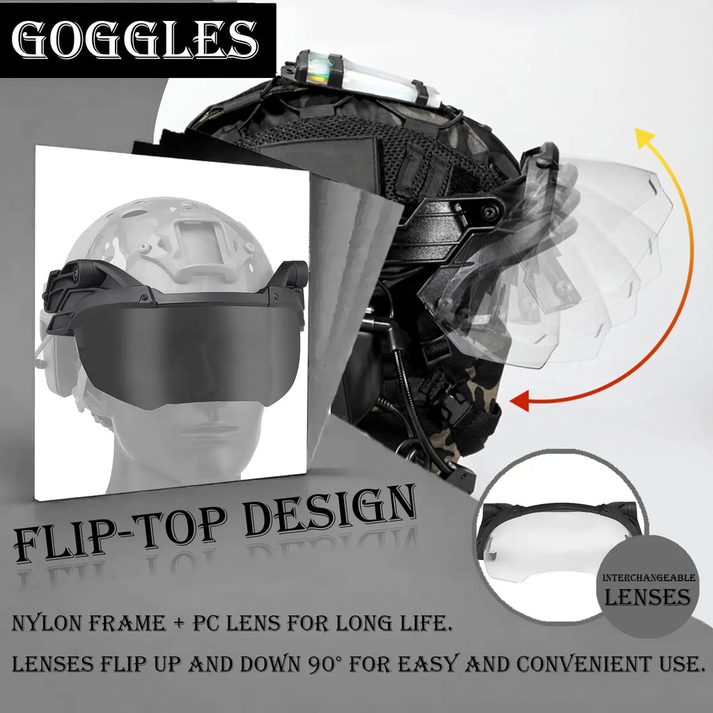 Tactical FAST High-Cut Helmet Set with Headphones Flashlight Helmet Light Protection Goggles for CS Airsoft Shooting Training
