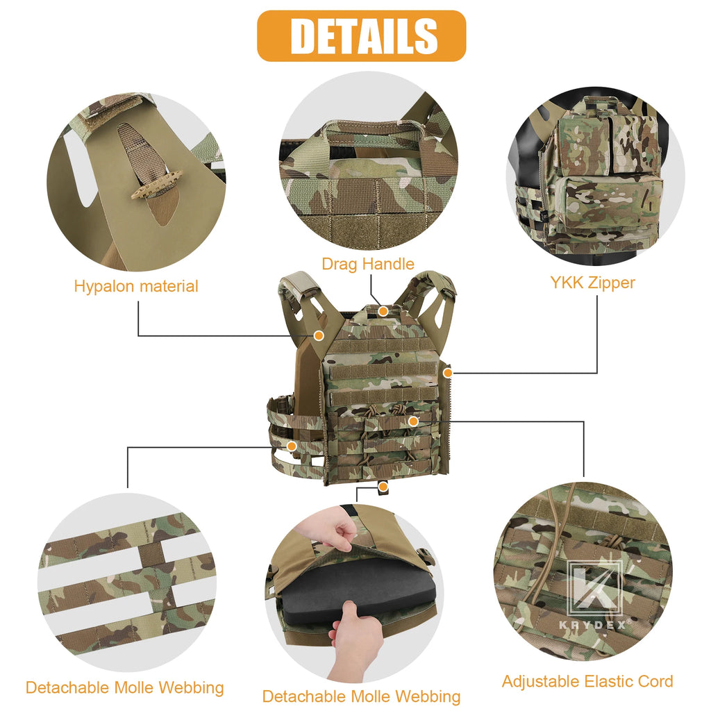 KRYDEX 500D Tactical JPC 2 Vest Plate Carrier With Detachable MOLLE Front Panel Airsoft Paintball Quick Release Vest