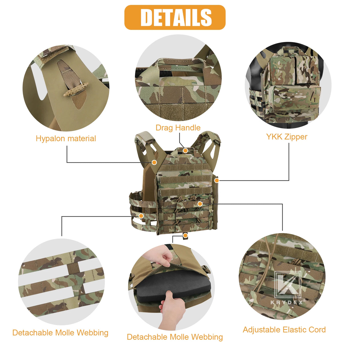 KRYDEX 500D Tactical JPC 2 Vest Plate Carrier With Detachable MOLLE Front Panel Airsoft Paintball Quick Release Vest