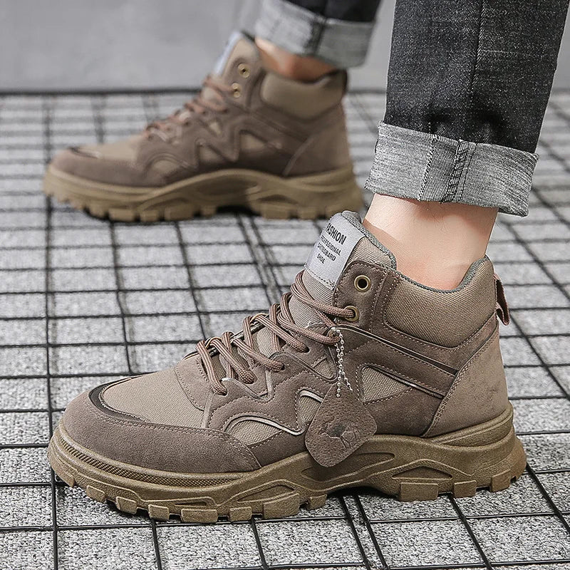 2025 New Outdoor Men Ankle Boots Luxury Platform Men Cowboy Boots Lace Up Anti-Slip Training Shoes High Top Men Motorcycle Boots
