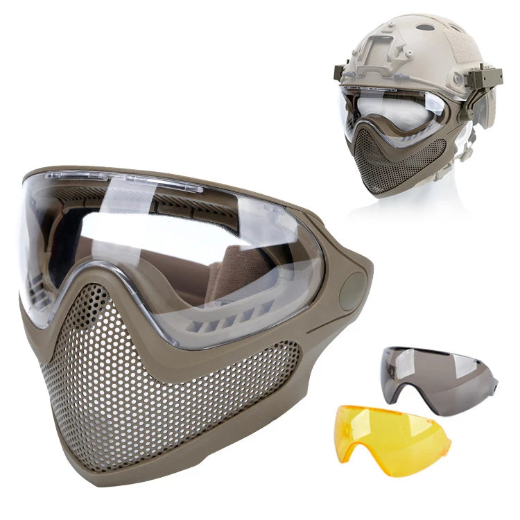 Tactical Full Face Mask Paintball Airsoft Cs Shooting Steel Mesh Breathable Protective Head/ Helmet Wearing Masks Hunting Gear
