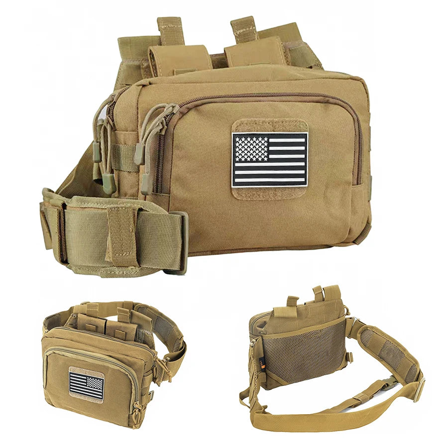Cycling hiking bag, field camping portable bag, double zipper multi compartment MOLLE webbing system, hidden expandable mesh bag