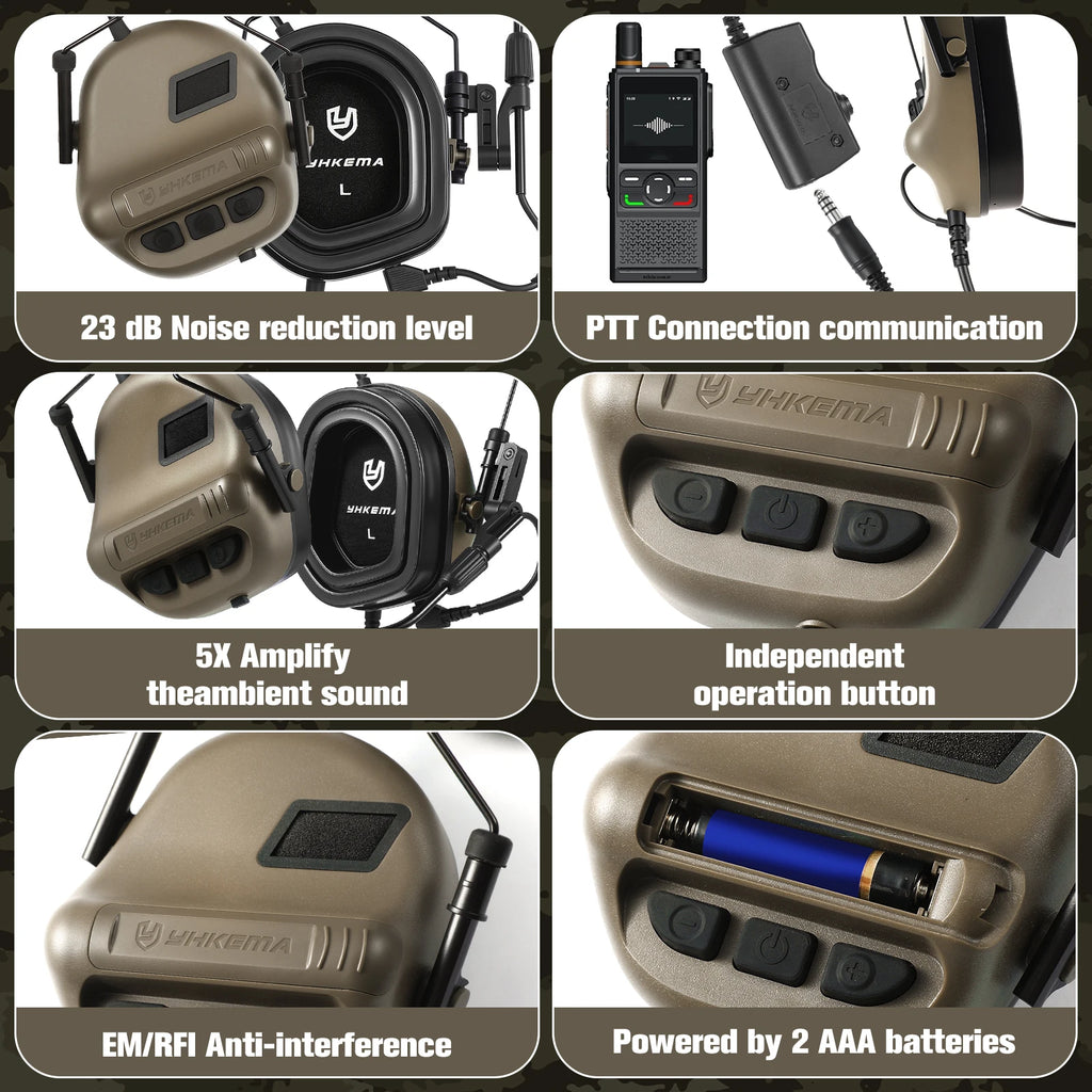 YHKEMA E90 Tactical Shooting Headset Fast Helmet Mounted Earmuffs Hunting Training Communication Headset with PTT Adapter