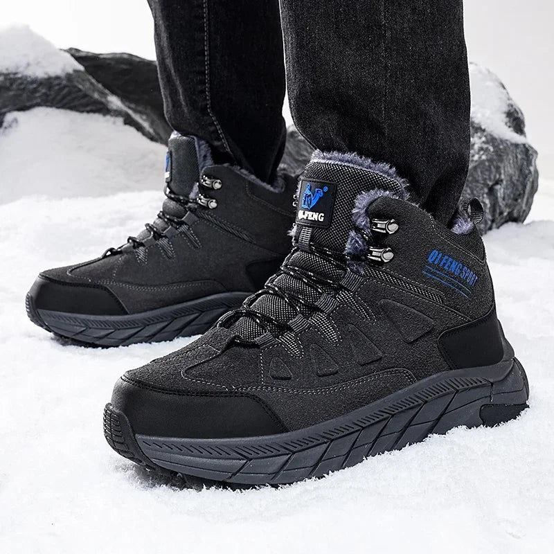 2025 Leather Hiking Boots Mens Winter Outdoor Warm Fur Non Slip Fashion Hike Ankle Boot Black Hunting Boots Rubber Large Size 48