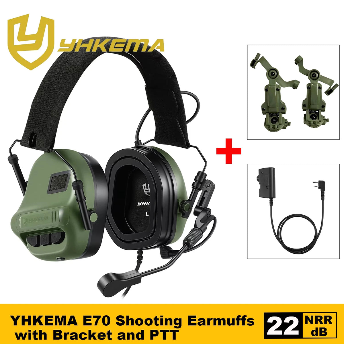 2026 NEW YHKEMA E70 Shooting Earmuffs Tactical Noise Reduction Headset with Helmet ARC Rail Adapter with Kenwood PTT adapter