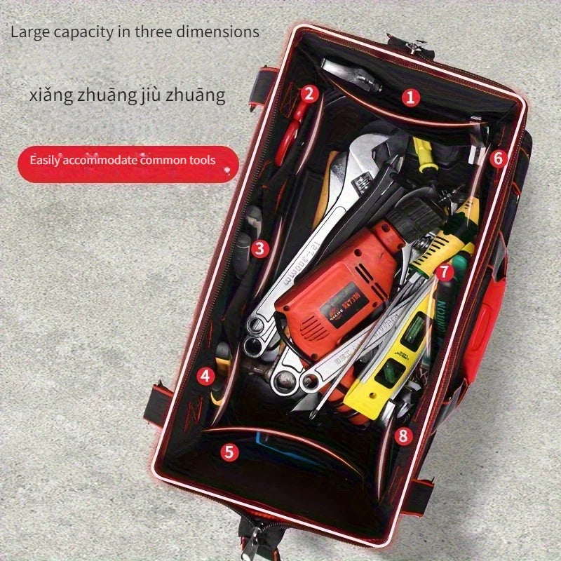 A Red Electrician'S Tool Bag Available in 17-Inch, 19-Inch, And 23-Inch Sizes, Featuring a Square Pocket Made of Thick Canvas And Oxford Cloth, Designed for Maintenance Tool