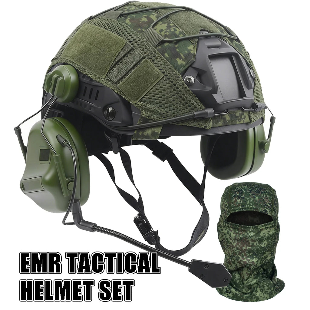 Tactical Fast Helmet Set with Little Green EMR Camouflage Helmet Cover Balaclava Communication Headset for Airsoft Paintball