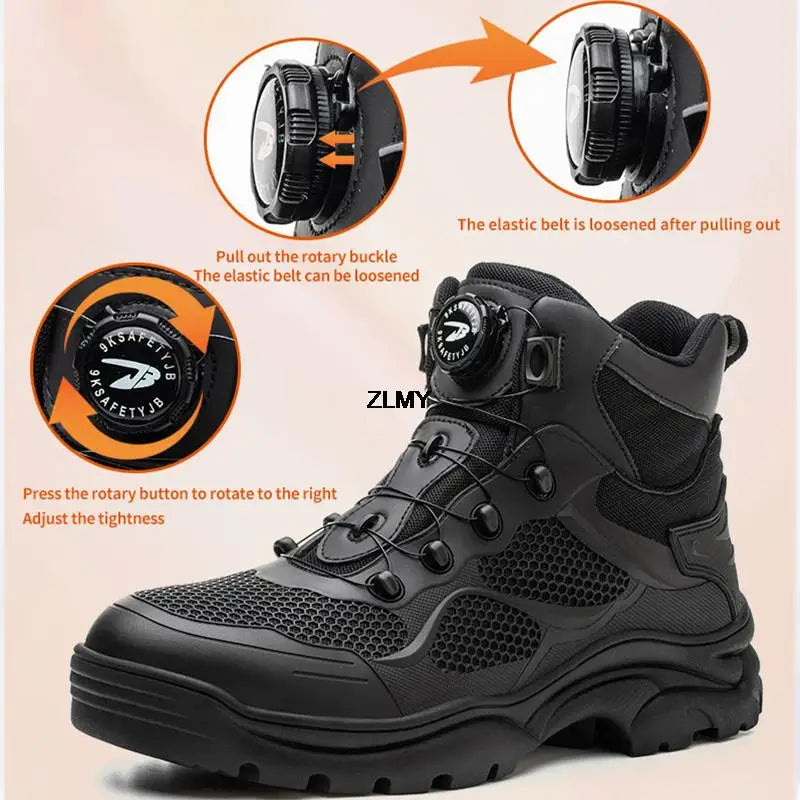 Rotated Buckle Men's Work Safety Boots Steel Toe Safety Shoes Anti-smash Anti-stab Sneaker Men High Top Rubber Safety Work Boots