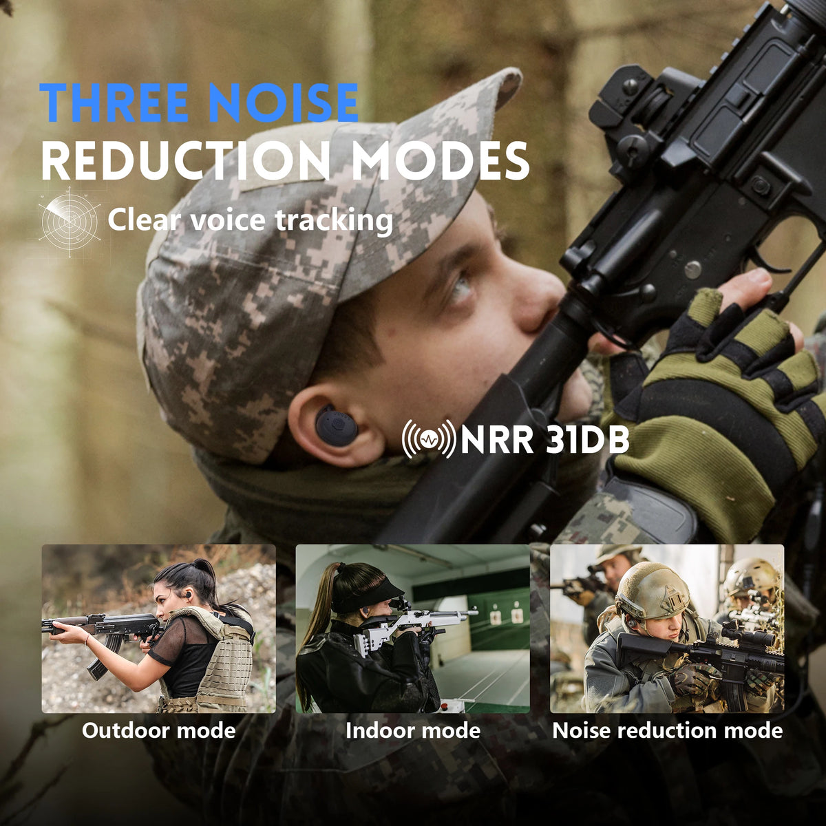E30 Tactical Earphone Earplugs NRR31dB -Tactical Bluetooth Earbuds with Active Noise Cancelling for Shooting Hearing Protection