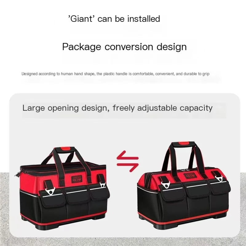 A Red Electrician'S Tool Bag Available in 17-Inch, 19-Inch, And 23-Inch Sizes, Featuring a Square Pocket Made of Thick Canvas And Oxford Cloth, Designed for Maintenance Tool