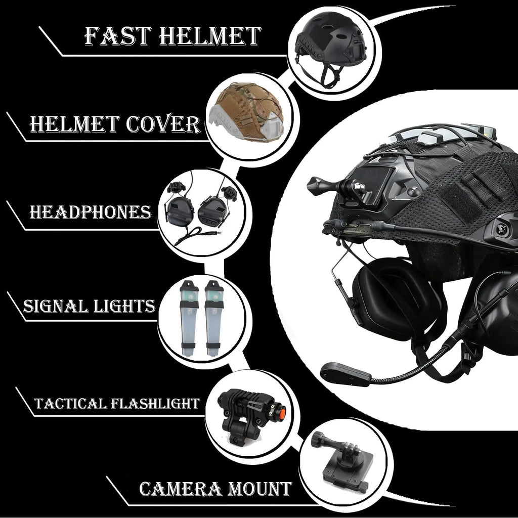 Tactical Helmet Set 6-in-1 Fast Airsoft Helmet Kit with Communication Headset Signal Lights Flashlight for CS Paintball Hunting