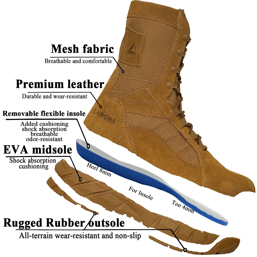 LAHORS® Leather Lightweight Man Tactical Boots Combat Boots Anti-Collision Lace Up Waterproof Outdoor Hiking Breathable Shoe